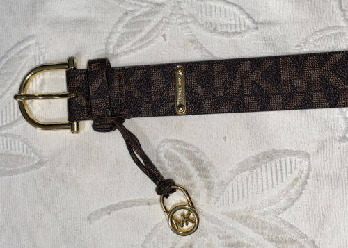 MICHAEL KORS BELT CHOCOLATE MK LOGO MK NAME PLATE WITH MK CHARM GOLD BUCKLE WOW!