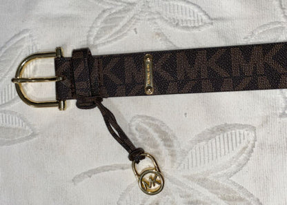 MICHAEL KORS BELT CHOCOLATE MK LOGO MK NAME PLATE WITH MK CHARM GOLD BUCKLE WOW!