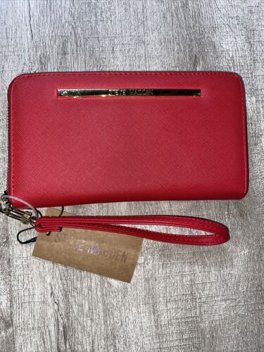 STEVE MADDEN WALLET WRISTLET RED WRAP AROUND LOGO SMOOTH TEXTURED
