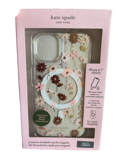 Kate Spade Protective Case~iPhone 13/14~Clear Floral Pink & Gold Leaves~MagSafe