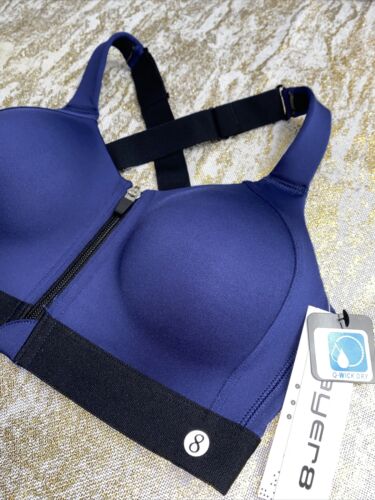 LAYER 8 MAXIMUM SUPPORT SIZE SMALL SPORT BRA FITTED BLUE/BLACK Front Zipper-NEW