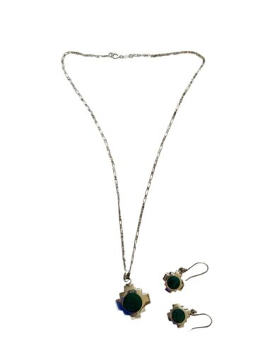 PERUVIAN Chakana Pendant Necklace & Earring Set TURQUOISE Stone 950 Purity