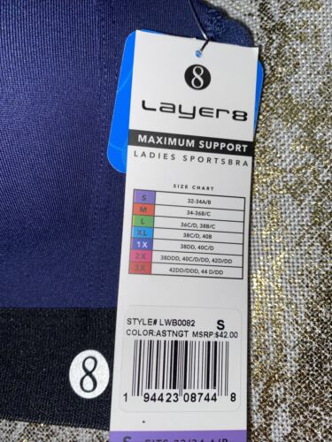 LAYER 8 MAXIMUM SUPPORT SIZE SMALL SPORT BRA FITTED BLUE/BLACK Front Zipper-NEW