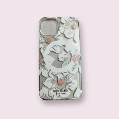 Kate Spade Case iPhone ~13 & 14~ Floral Hollyhock With Rhinestones Magsafe Beaut