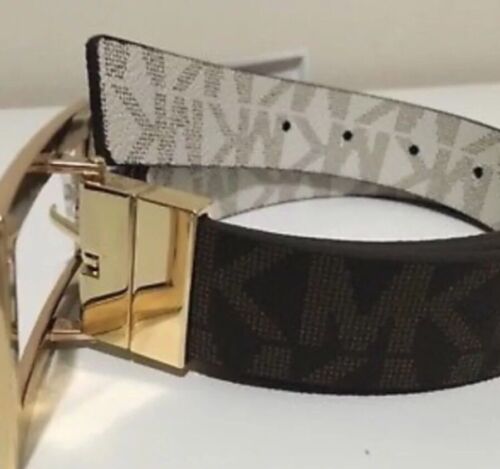 MICHAEL KORS BELT VANILLA/BLACK MK LOGO GOLD RECTANGULAR BUCKLE   MSRP $48