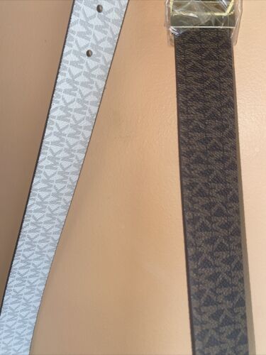Michael Kors Belt Reversible Brown to Vanilla MK Logo Both Sides Gold Buckle