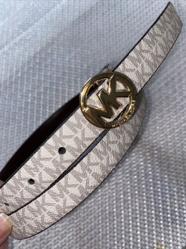 MICHAEL KORS BELT REVERSIBLE VANILLA/BROWN PRINTED MK LOGO "SKINNY" LOGO BUCKLE!