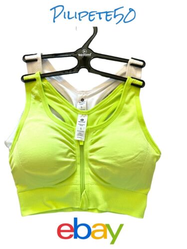 90 Degree By Reflex High Perform. WHITE/GReen- Zippered Sport  Bra 2 Set- SMALL