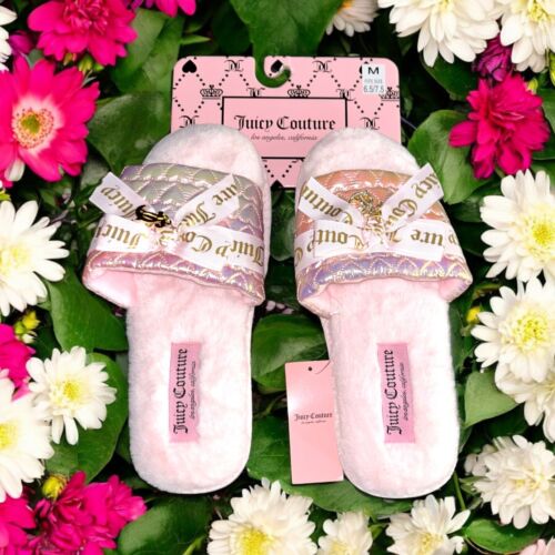 Juicy Couture Pink Faux Fur Slippers~JC-Hasen 3~Size M~Pink/Gold Logo~W105461W