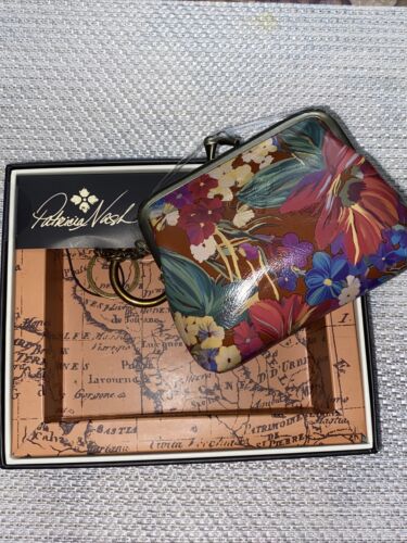New Patricia Nash Leather Floral Coin Purse Key Chain Ring- New In Box