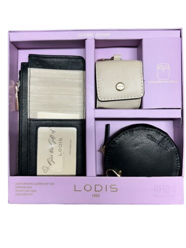 LODIS~ Genuine Leather Card Stacker, Coin Purse & Earbud Case~Beige & Black~CUTE