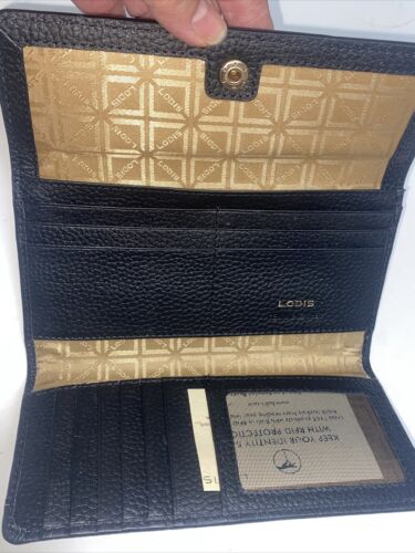 LODIS Black Kate Classic Pebbled Leather RFID Slim Large Flap Snap Wallet~UNIQUE