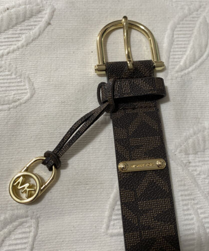 MICHAEL KORS BELT CHOCOLATE MK LOGO MK NAME PLATE WITH MK CHARM GOLD BUCKLE WOW!