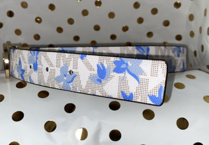 MICHAEL KORS BELT REVERSIBLE WHITE BLUE FLORAL/WHITE MK LOGO GOLD BUCKLE SUPER!!