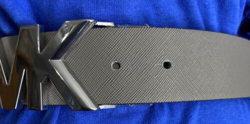 MICHAEL KORS BELT REVERSIBLE BLACK MK LOGO TO SOLID GRAY SILVER MK LOGO BUCKLE