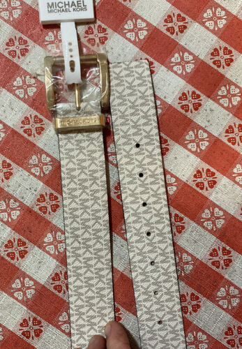 MICHAEL KORS BELT VANILLA MK PRINTED LOGO GOLD BUCKLE MSRP $48 COOL! LARGE