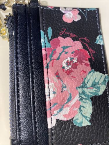 JUICY COUTURE  VINTAGE ROSE BLACK ZIPPERED UP MULTI CARD-CASE KEY RING WALLET