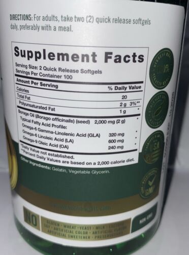 Borage Oil Softgels 2000mg | 200 Count | Cold Pressed, Hexane Free | by Carlyle