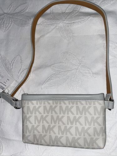 MICHAEL KORS Fanny Pack White Light Gray Edge And Logo Med  Genuine Leather!