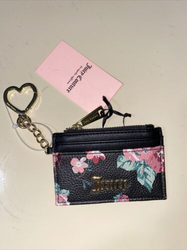 JUICY COUTURE  VINTAGE ROSE BLACK ZIPPERED UP MULTI CARD-CASE KEY RING WALLET