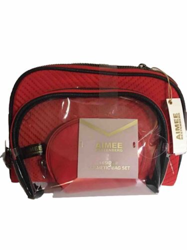 Aimee Kestenberg CHELSEA RED CHEVRON 3-Piece NICKEL Silver Zipper Cosmetic Bag