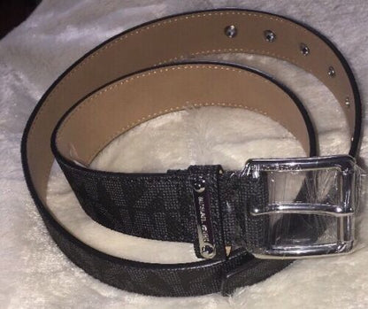MICHAEL KORS BELT BLACK MK LOGO SILVER BUCKLE SILVER EYELETS MSRP $58