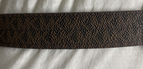 MICHAEL KORS BELT BROWN WITH PRINTED MK LOGO WITH TAN BELT LOOP AND GOLD BUCKLE