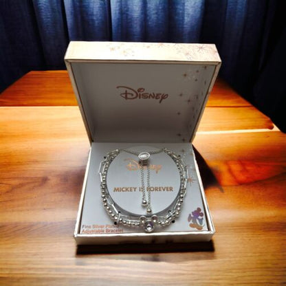 Disney Fine Silver Plated Mickey Mouse Bolo Bracelet Rhinestone Face &Ears NIB