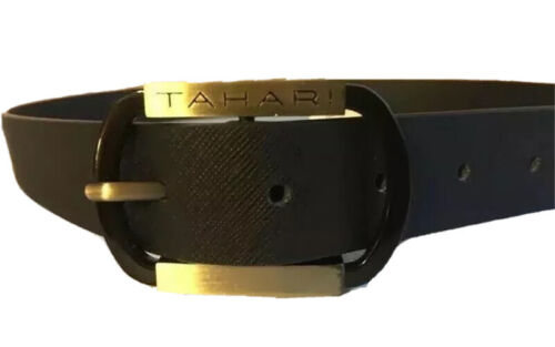 TAHARI BELT UNISEX BLACK TEXTURED FAUX LEATHER LOGO BUCKLE MSRP $40