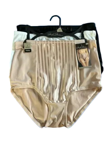 A pack of three beige microfiber shaping briefs with vertical stripe accents, displayed on a hanger.