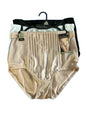 A pack of three beige microfiber shaping briefs with vertical stripe accents, displayed on a hanger.