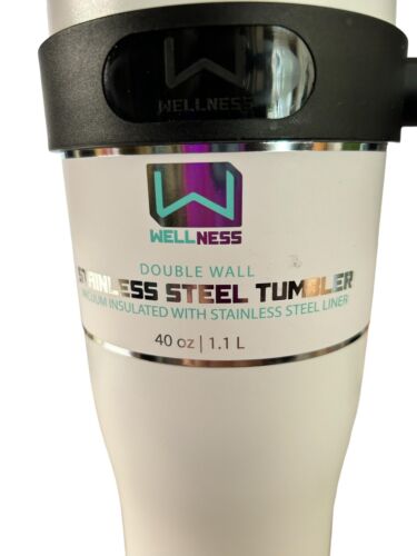 Wellness Double Wall Stainless Steel WhiteTumbler Black Handle & Straw~40oz~NEW