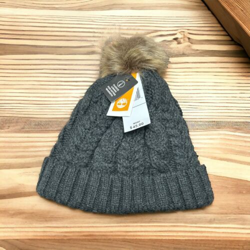 Timberland Knit Hat Pom-Pom Faux Fur Beanie Hat Charcoal~Women~Fleece Lined~WARM