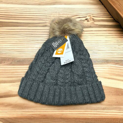 Timberland Knit Hat Pom-Pom Faux Fur Beanie Hat Charcoal~Women~Fleece Lined~WARM