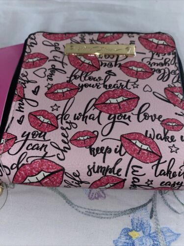 Betsey Johnson New Indexer Zip Around Wallet w/ Strap Black/Multi Lips $38 NWT