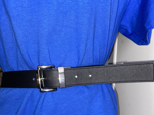 MICHAEL KORS BELT BLACK TO BLACK MK LOGO TWIST REVSESIBLE SILVER BUCKLE MSRP $58