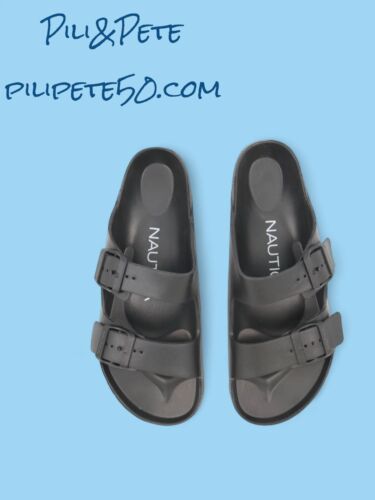Nautica Ashay 2 Straps Adjustable Slides Sandals, Mens Size 12, Black White Logo