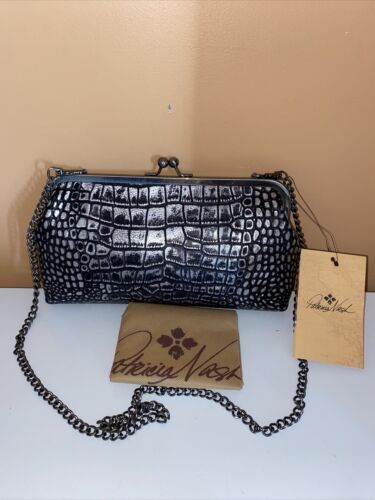 Patricia Nash Potenaz Kisslock Frame Crossbody Clutch Silver Leather chain strap