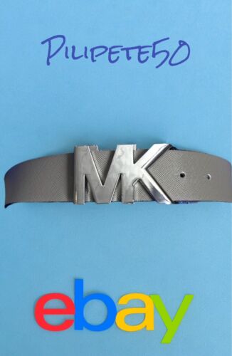 MICHAEL KORS BELT REVERSIBLE BLACK MK LOGO TO SOLID GRAY SILVER MK LOGO BUCKLE