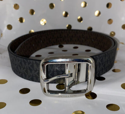 MICHAEL KORS BELT REVERSIBLE BLACK/BROWN MK LOGO SILVER BUCKLE