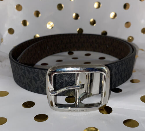MICHAEL KORS BELT REVERSIBLE BLACK/BROWN MK LOGO SILVER BUCKLE
