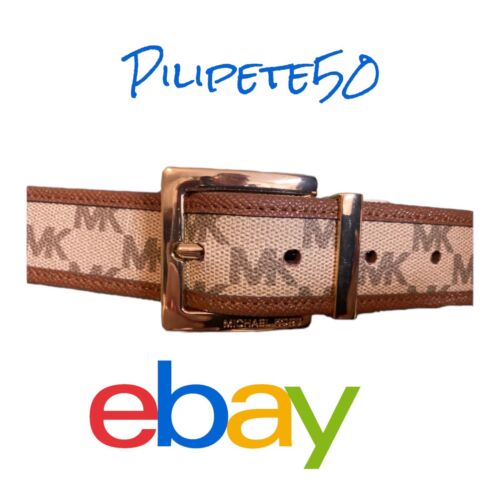 MICHAEL KORS BELT REVERSIBLE CREAM LUGGAGE LEATHER MK LOGO GOLD BUCKLE