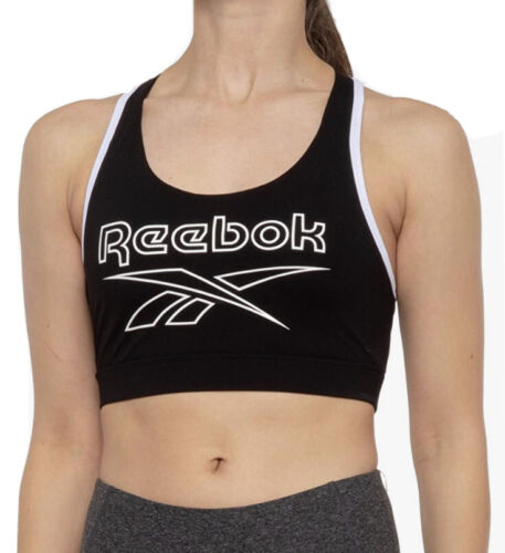 Reebok~Sports Burst Bra~Black & White~Removable Pads~Medium Impact-Wick Moisture