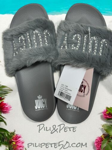 Juicy Couture Women J-Wrapped Faux Fur Slip-On Slide Slipper Shoes Gray WP00649W