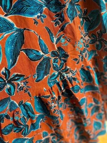 JASON WU Copper Turquoise Blue Floral Print Smocked Cut-Out Linen Midi Dress~ L