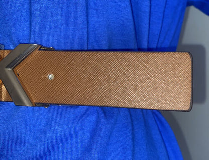 MICHAEL KORS BELT VANILLA/LUGGAGE PRINTED MK LOGO WITH GOLD MK LOGO BUCKLE LARGE