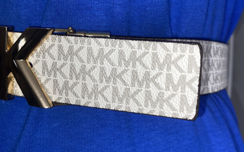 MICHAEL KORS BELT VANILLA/LUGGAGE PRINTED MK LOGO WITH GOLD MK LOGO BUCKLE LARGE