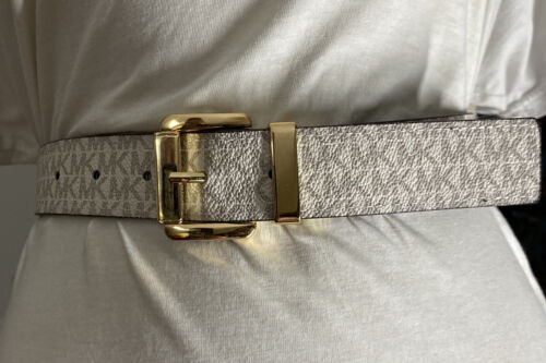 MICHAEL KORS BELT REVERSIBLE BROWN TO VANILLA PRINTED MK LOGO GOLD BUCKLE NICE!!