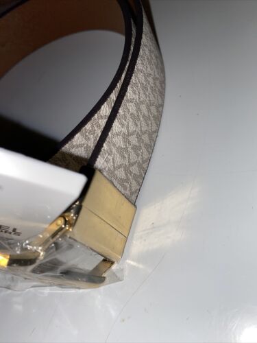 MICHAEL KORS BELT VANILLA/LUGGAGE XL PRINTED MK LOGO WITH GOLD MK LOGO BUCKLE