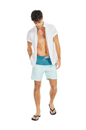 Nautica Mens Quick Dry Two Tone 4EE REEL Aqua~Color-block Swim Trunks Blue XXL